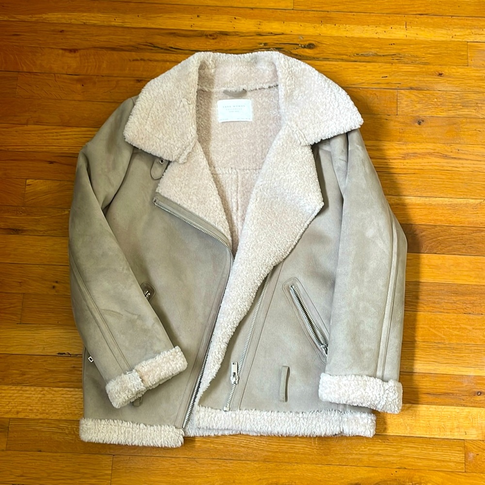 Zara Fleece Biker Jacket, Cream